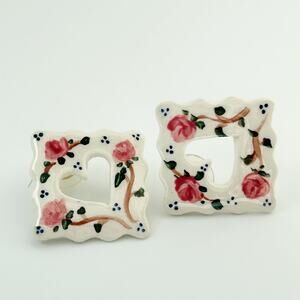Hand Painted Ceramic Floral Rose Heart Cutout Earrings